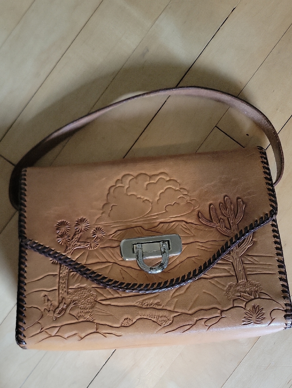 Hand-Tooled Leather Purse Bag in Desert Cactus Horse Whipstitch Horseshoe